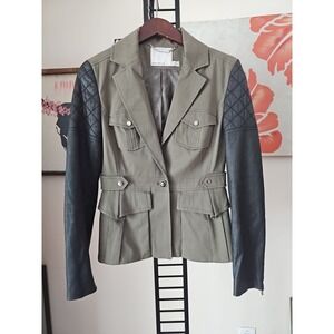 KAREN MILLEN Women Olive Green Contrast Black Sleeves Military Style Jacket sz 8